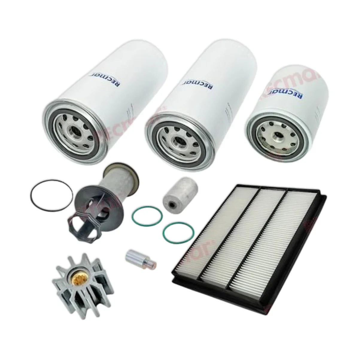 Image various engine service and maintenance parts on a white background.