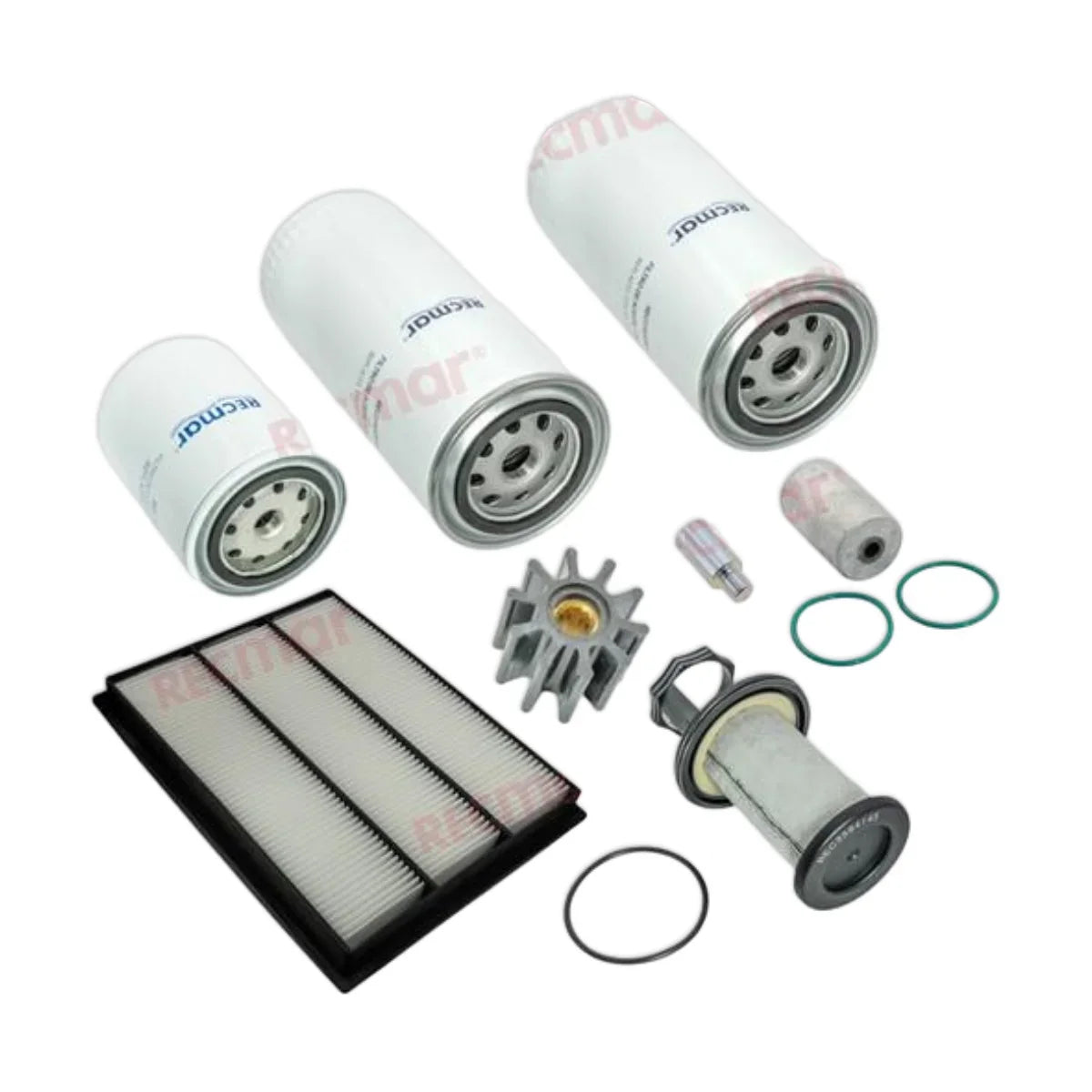 Image various engine service and maintenance parts on a white background.