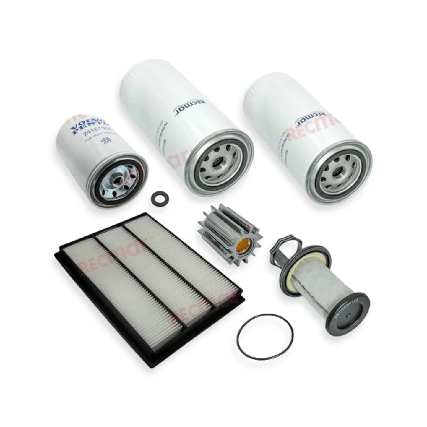 A set of marine engine filter components, including three white cylindrical oil filters, a rectangular pleated air filter, metal filter elements, gaskets, and O-rings, arranged on a plain white background. The filters show the brand name 'RECMAR' printed on them.