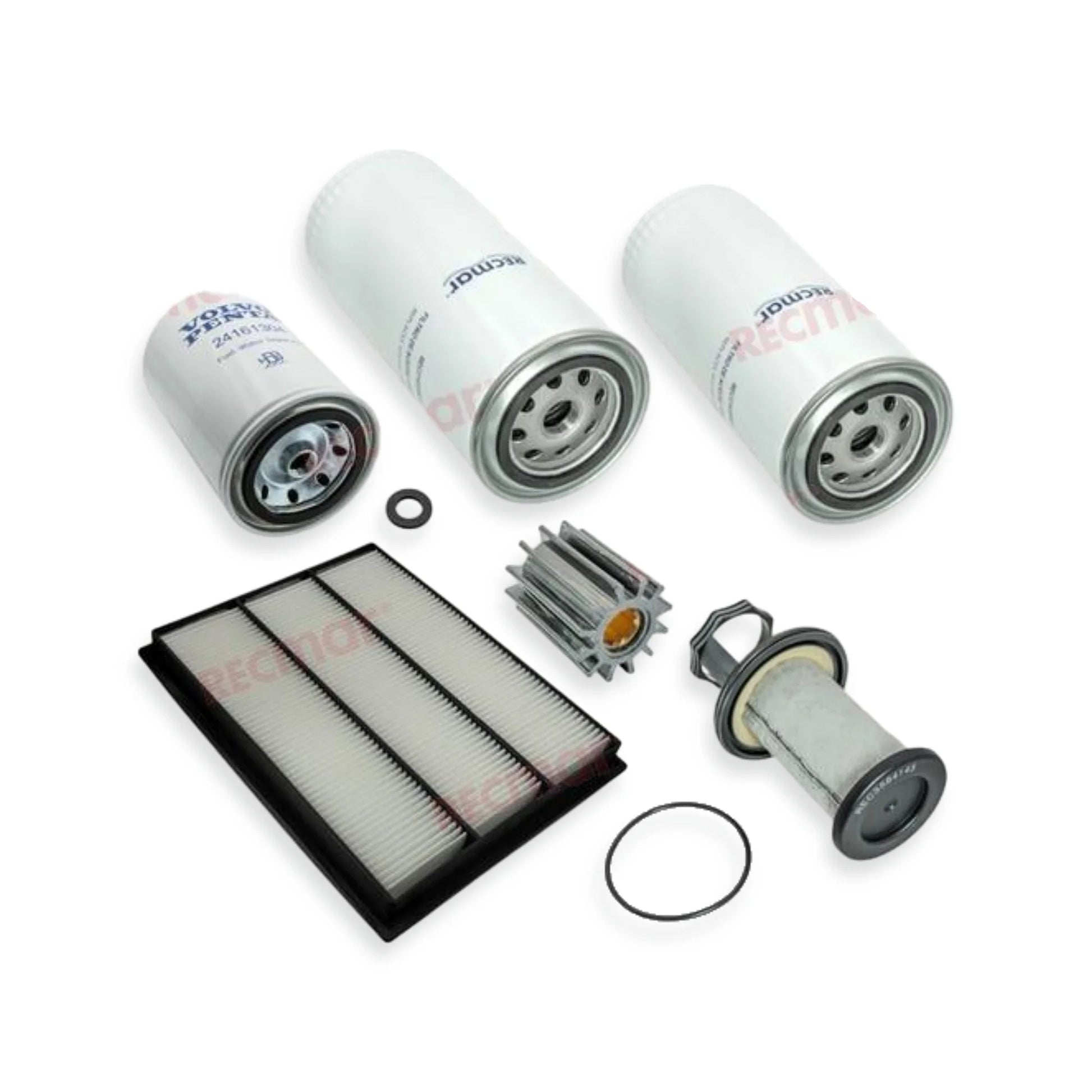 A set of marine engine filter components, including three white cylindrical oil filters, a rectangular pleated air filter, metal filter elements, gaskets, and O-rings, arranged on a plain white background. The filters show the brand name 'RECMAR' printed on them.