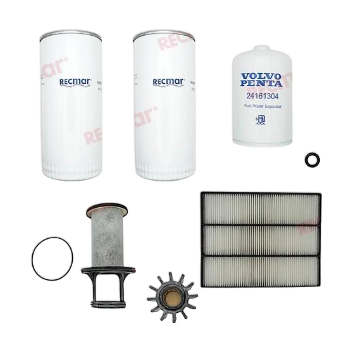 Image of a volvo penta oil and fuel filter with an air filter and water pump impeller on a white background.