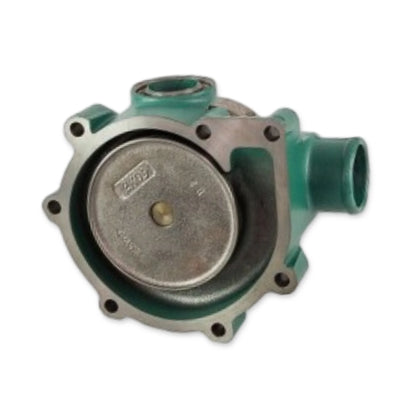 Green volvo penta water pump rear view showing impeller and water outlet.