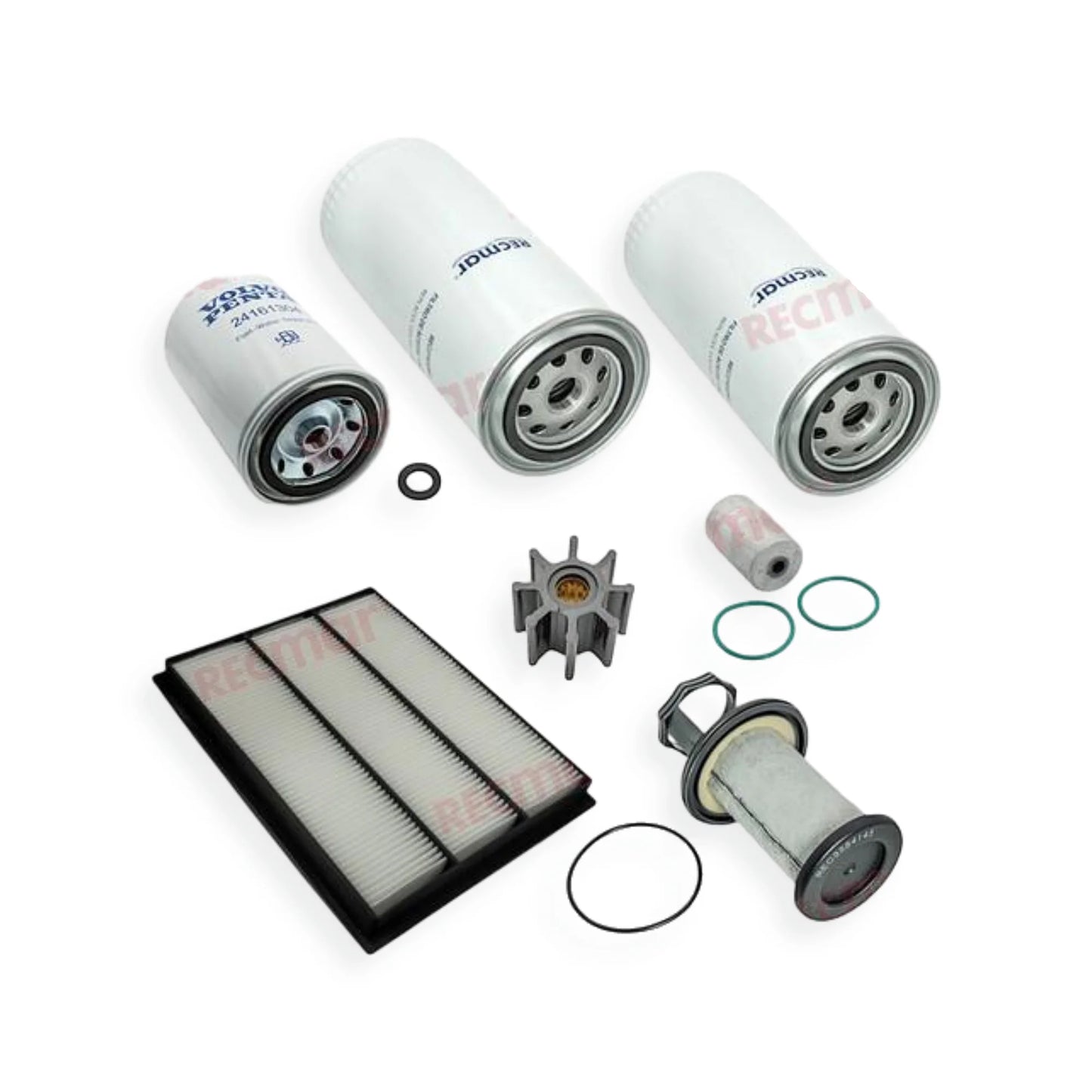 A set of marine engine filters and oil components arranged on a white background, including three cylindrical filters, a rectangular pleated filter, a metal pump or distributor-like part, gaskets, and O-rings.