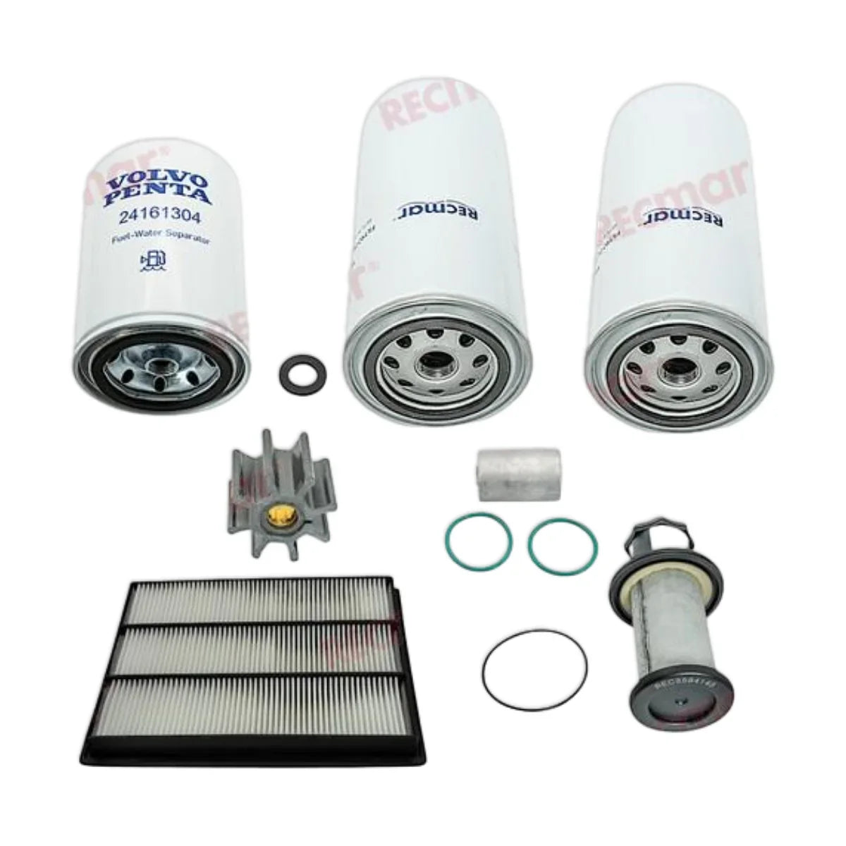 Image various engine service and maintenance parts with a volvo penta filter on a white background.