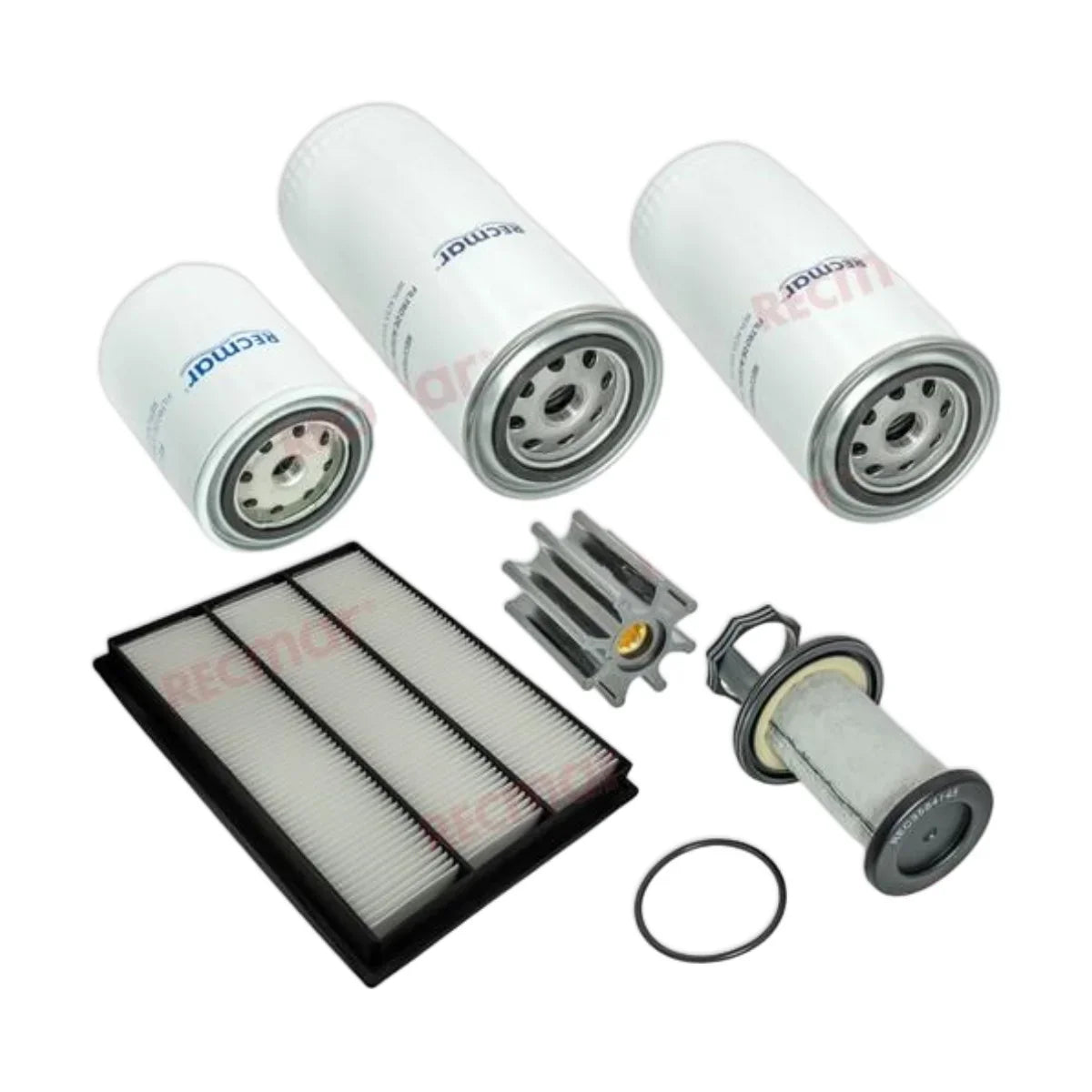 Image various engine service and maintenance parts on a white background.