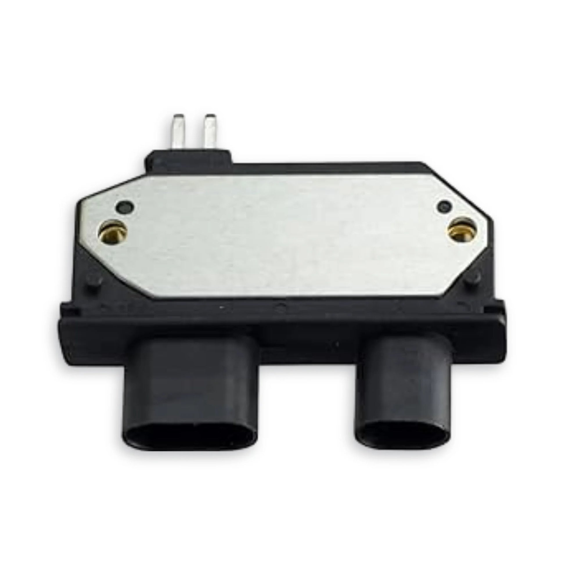 Black ignition module showing two plug connections and two metal pins at the top.