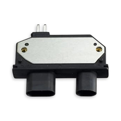 Black ignition module showing two plug connections and two metal pins at the top.