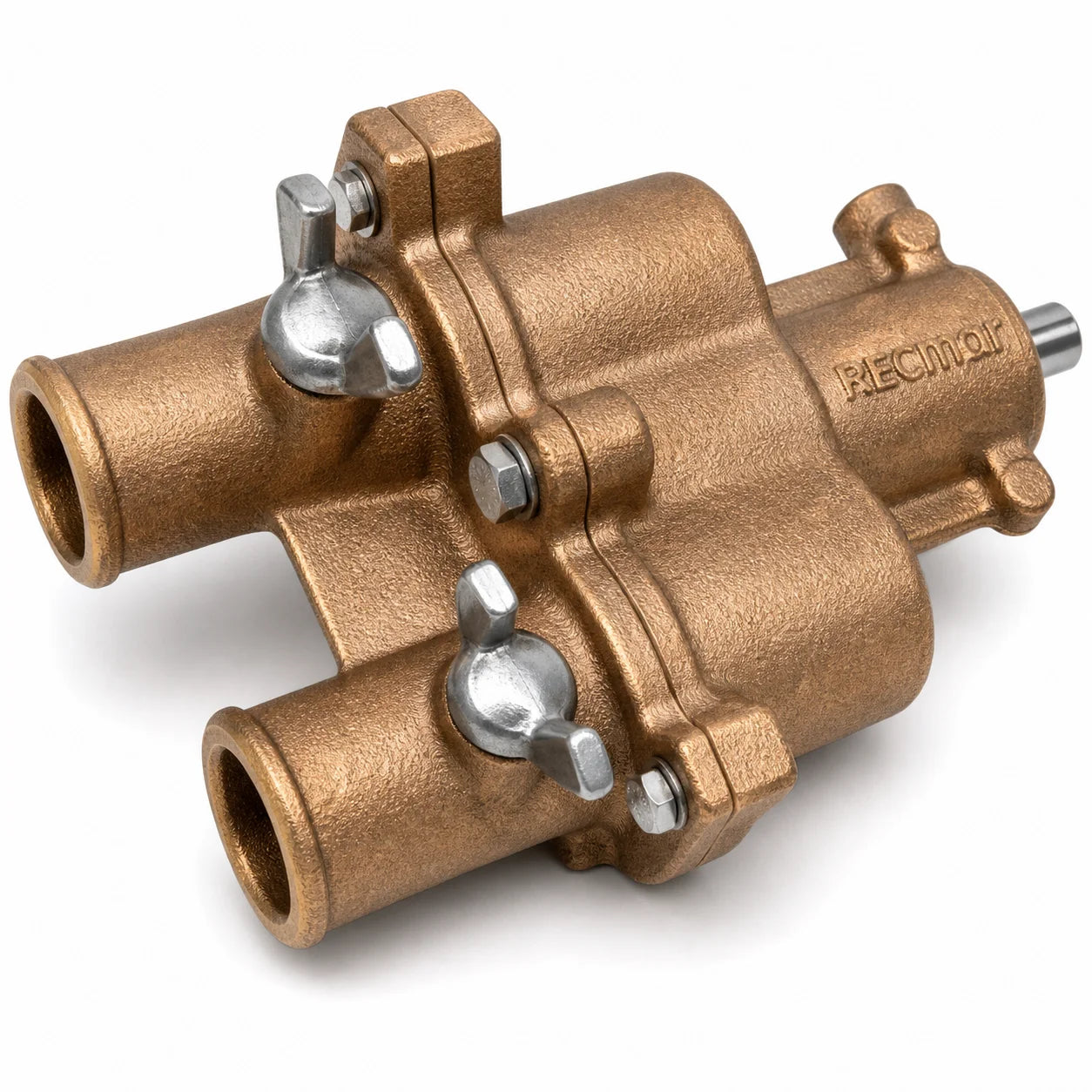 REC46-862914T10 Recmar MerCruiser sea water pump with bronze body, twin hose ports, silver drain screws and rear shaft