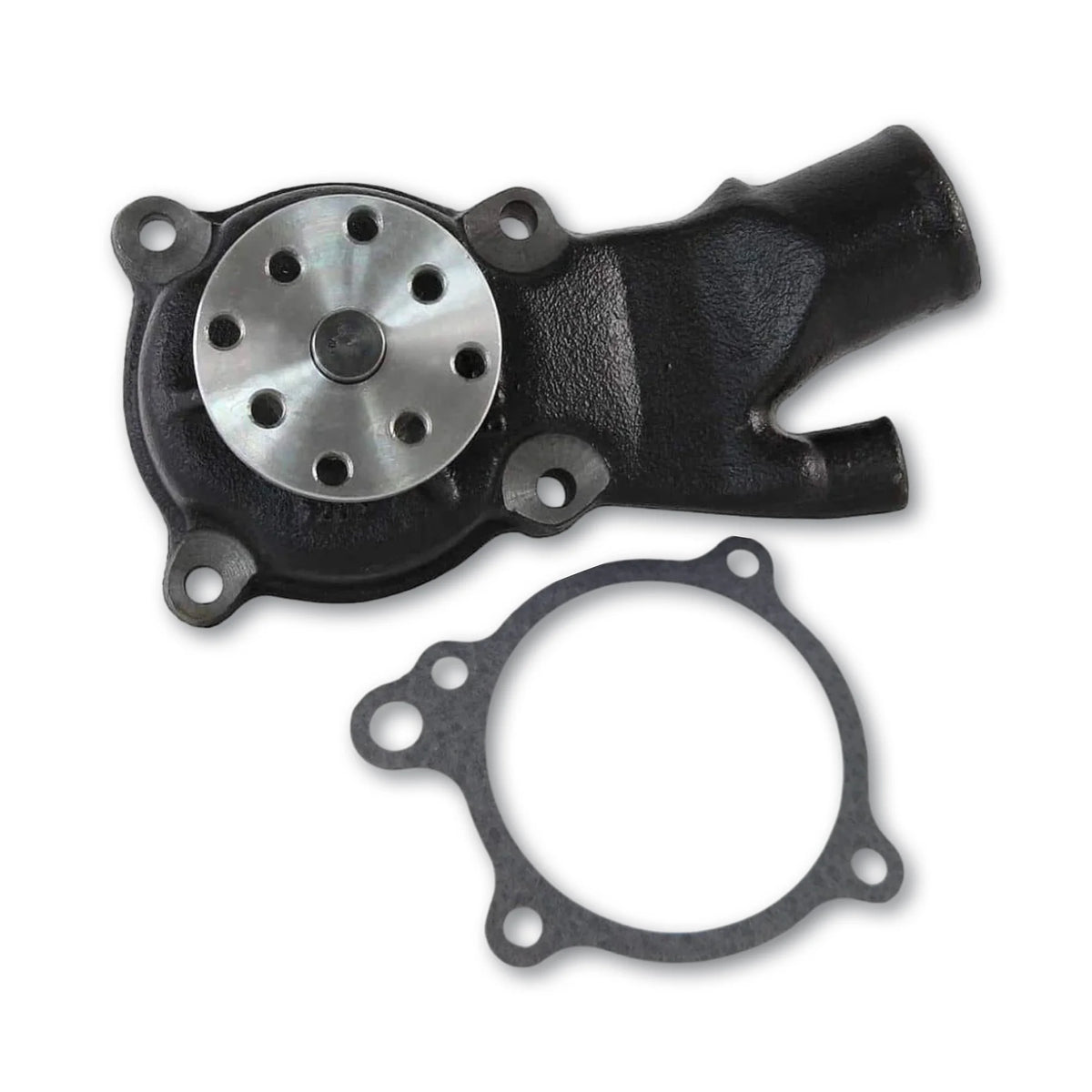 Engine water pump with fitting gasket on a white background.