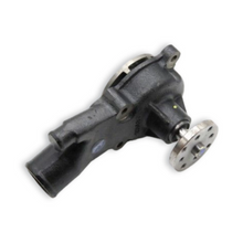 Engine water pump side view showing drive pulley, metal impeller, water outlet on a white background.
