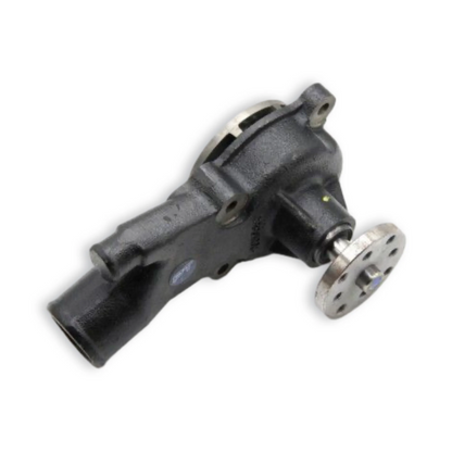 Engine water pump side view showing drive pulley, metal impeller, water outlet on a white background.