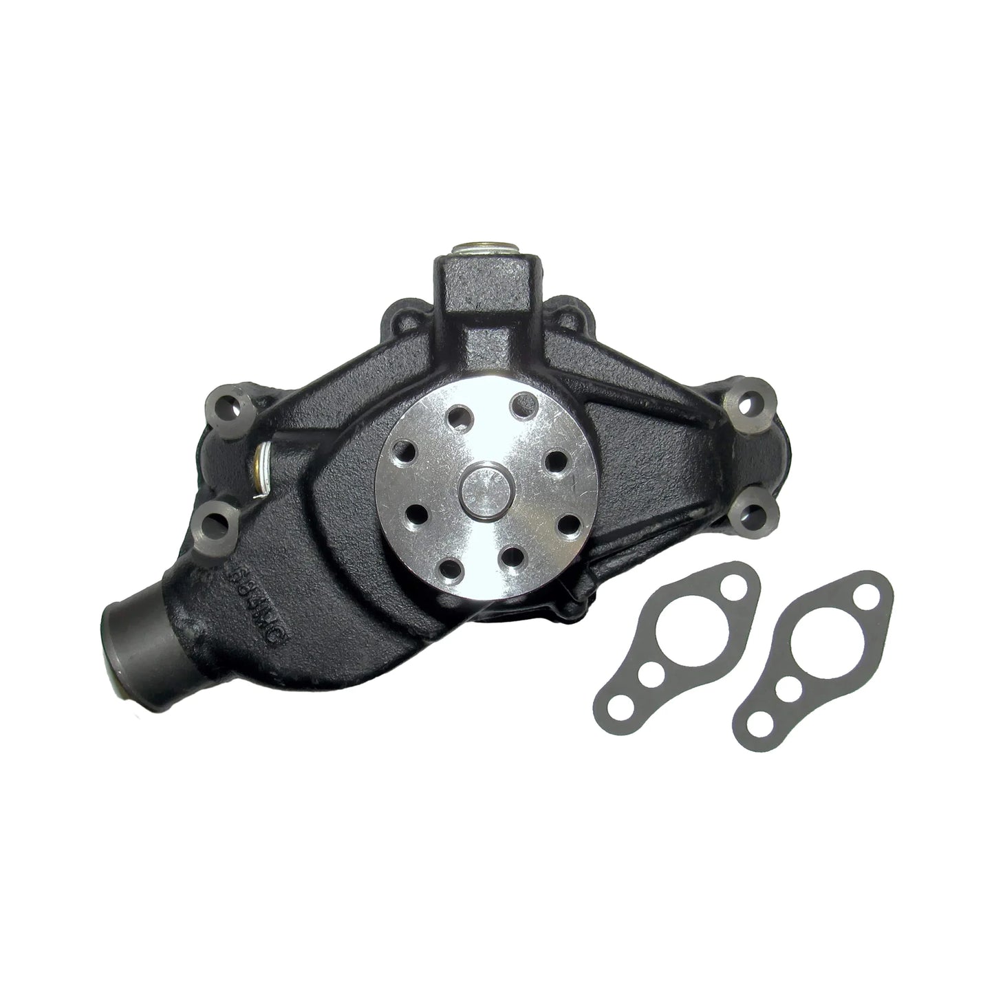Front view of a black marine engine water pump showing the water outlet and drive pulley, beside the pump sits two mounting gaskets.