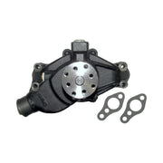 Front view of a black marine engine water pump showing the water outlet and drive pulley, beside the pump sits two mounting gaskets.