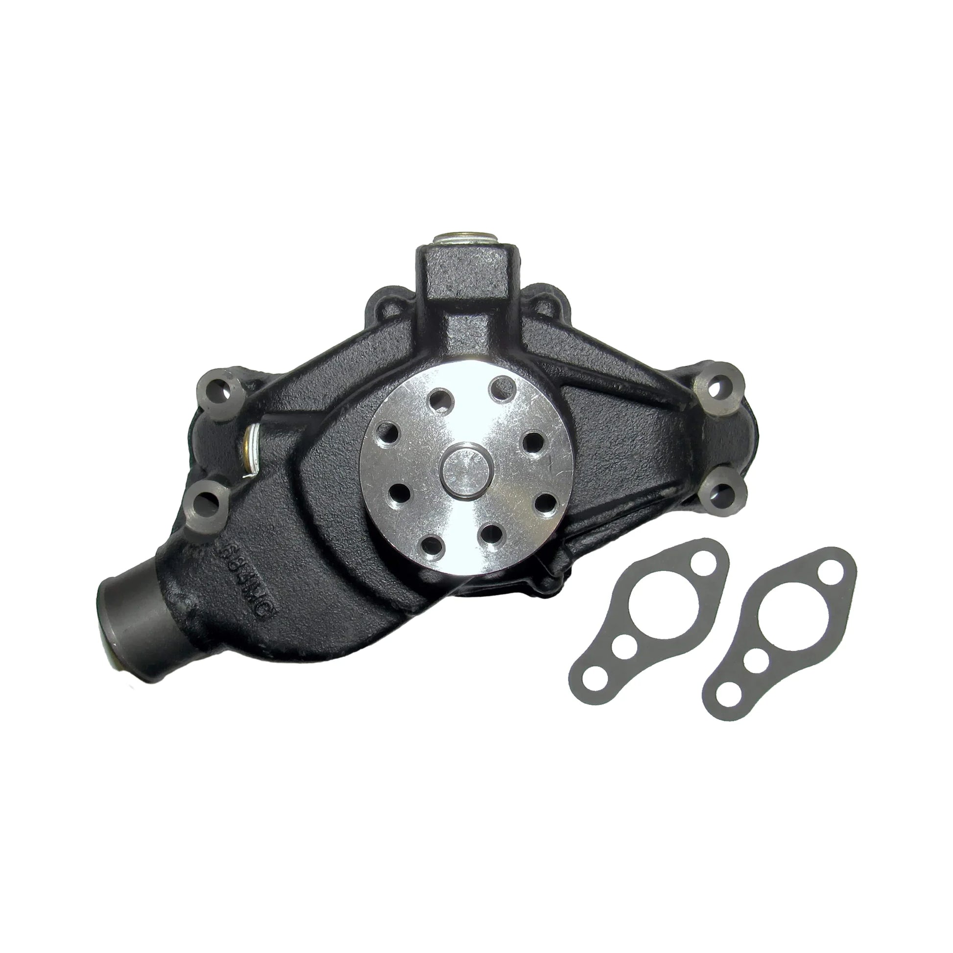 Front view of a black marine engine water pump showing the water outlet and drive pulley, beside the pump sits two mounting gaskets.