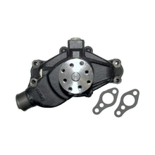 Front view of a black marine engine water pump showing the water outlet and drive pulley, beside the pump sits two mounting gaskets.