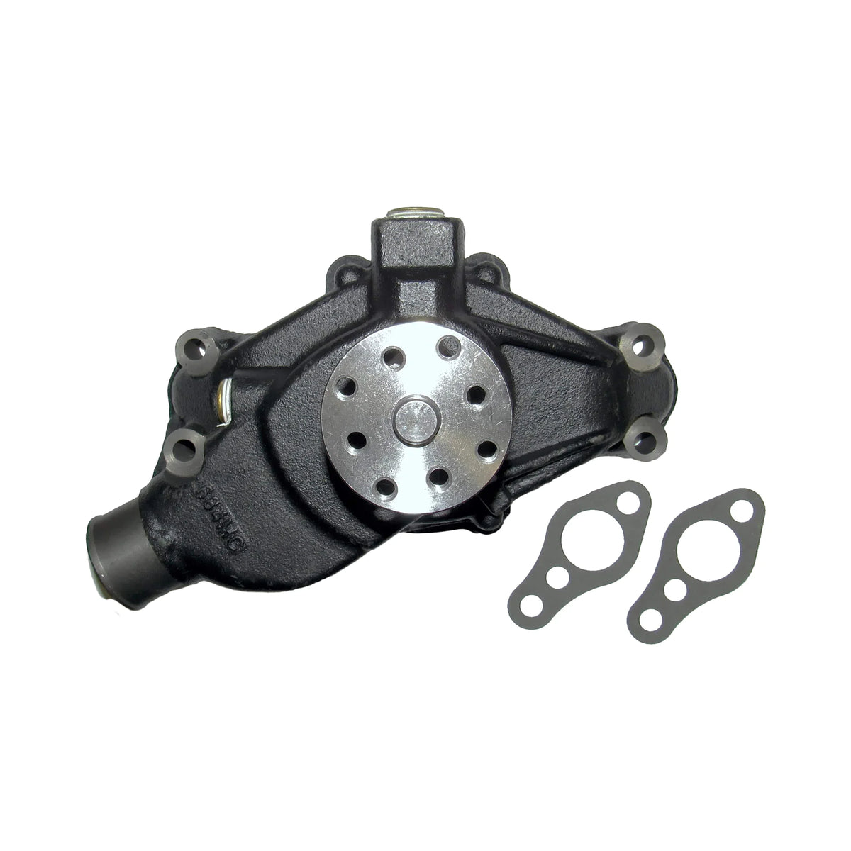 Front view of a black marine engine water pump showing the water outlet and drive pulley, beside the pump sits two mounting gaskets.