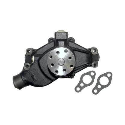 Front view of a black marine engine water pump showing the water outlet and drive pulley, beside the pump sits two mounting gaskets.
