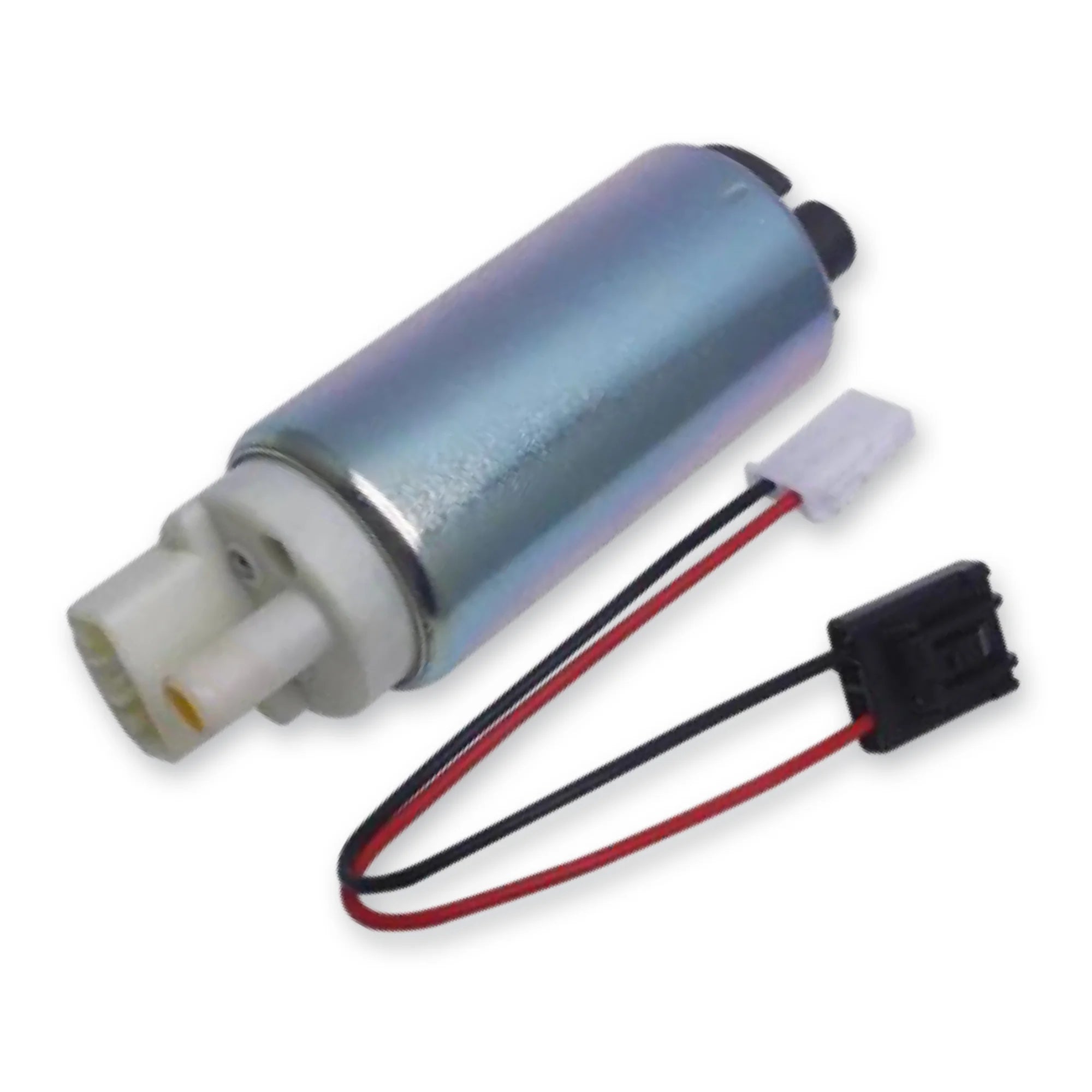 On the left is a metal fuel pump and beside the fuel pump is a black and red cable with plug connections on either end.