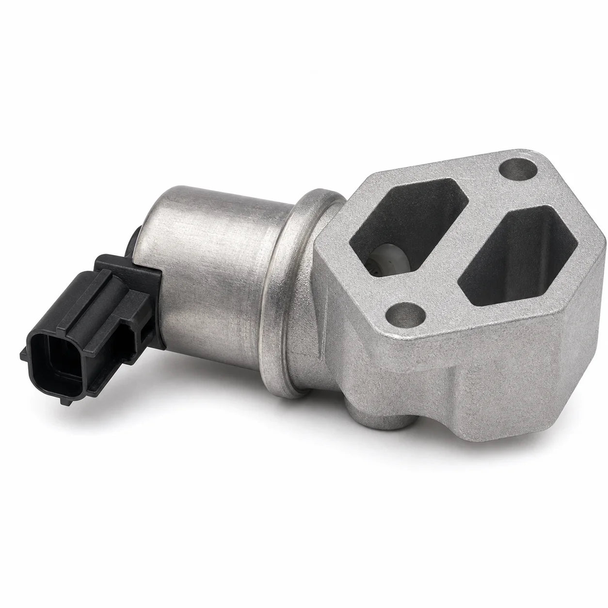 Side view of REC862998 MerCruiser IAC valve showing electrical connector, mounting face and twin airflow ports