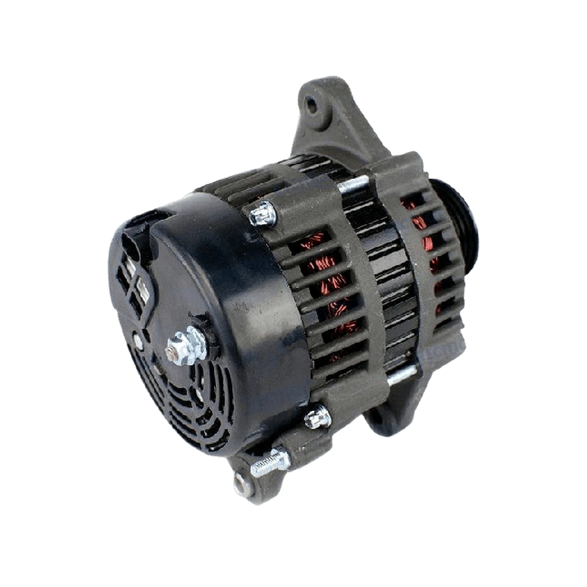 REC863077T Recmar marine alternator rear regulator view showing cooling vents copper windings and hinge mount