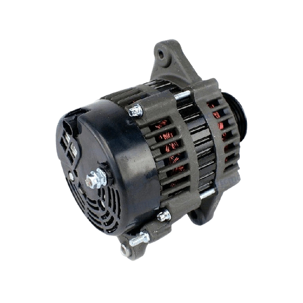 REC863077T Recmar marine alternator rear regulator view showing cooling vents copper windings and hinge mount