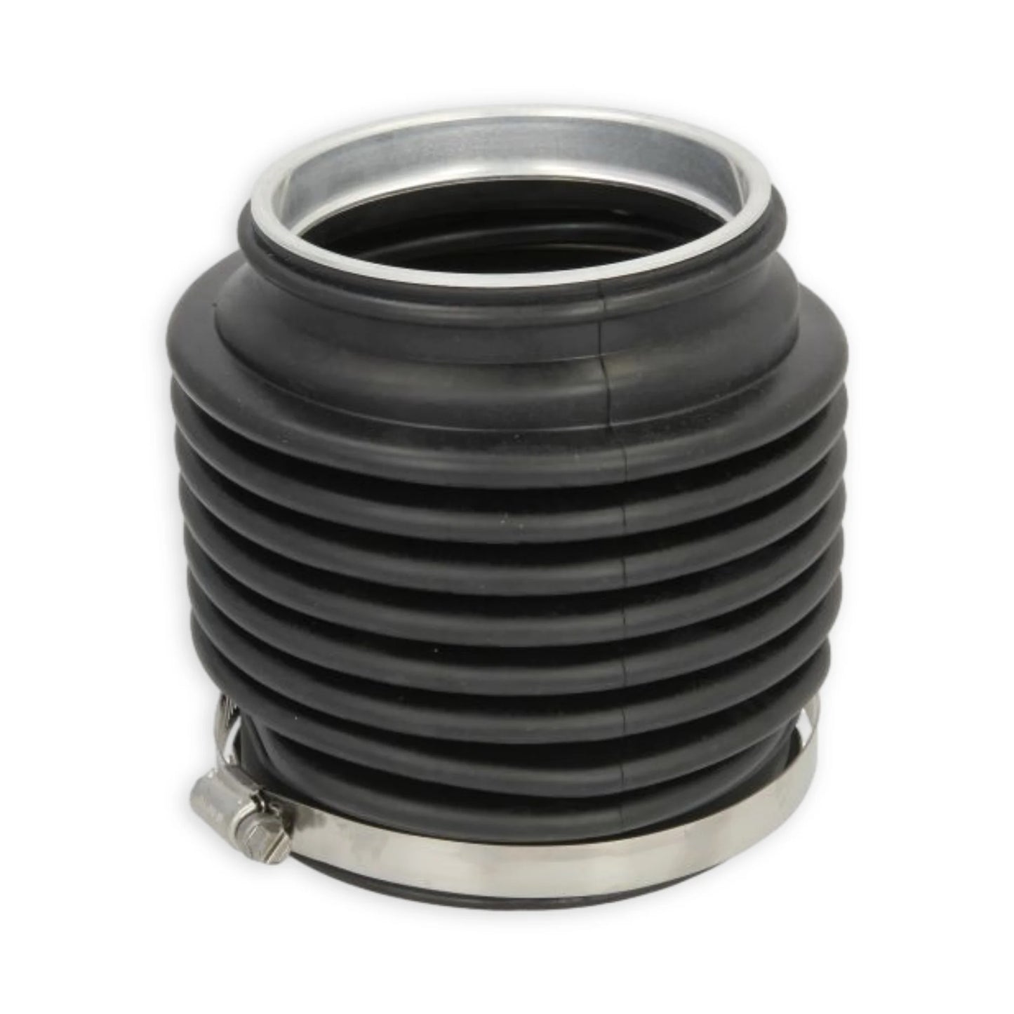 Black rubber universal joint bellow with a metal inner ring at the top side and a worm gear metal clip at the bottom side.