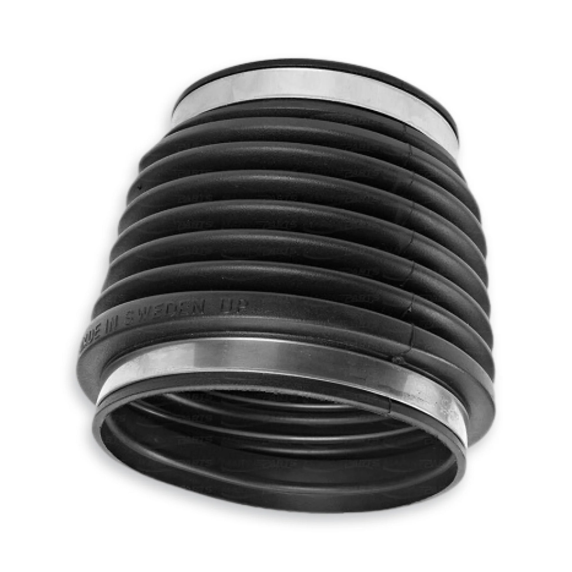 Black rubber bellow with metal clips on both ends on a white background.
