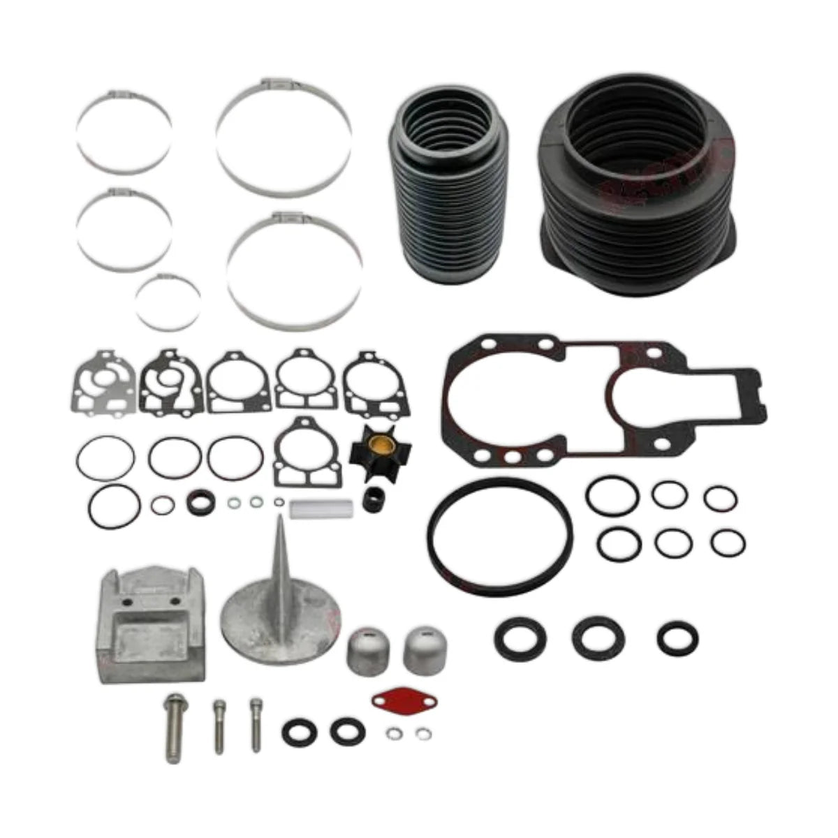 Image of various engine service and maintenance parts on a white background.