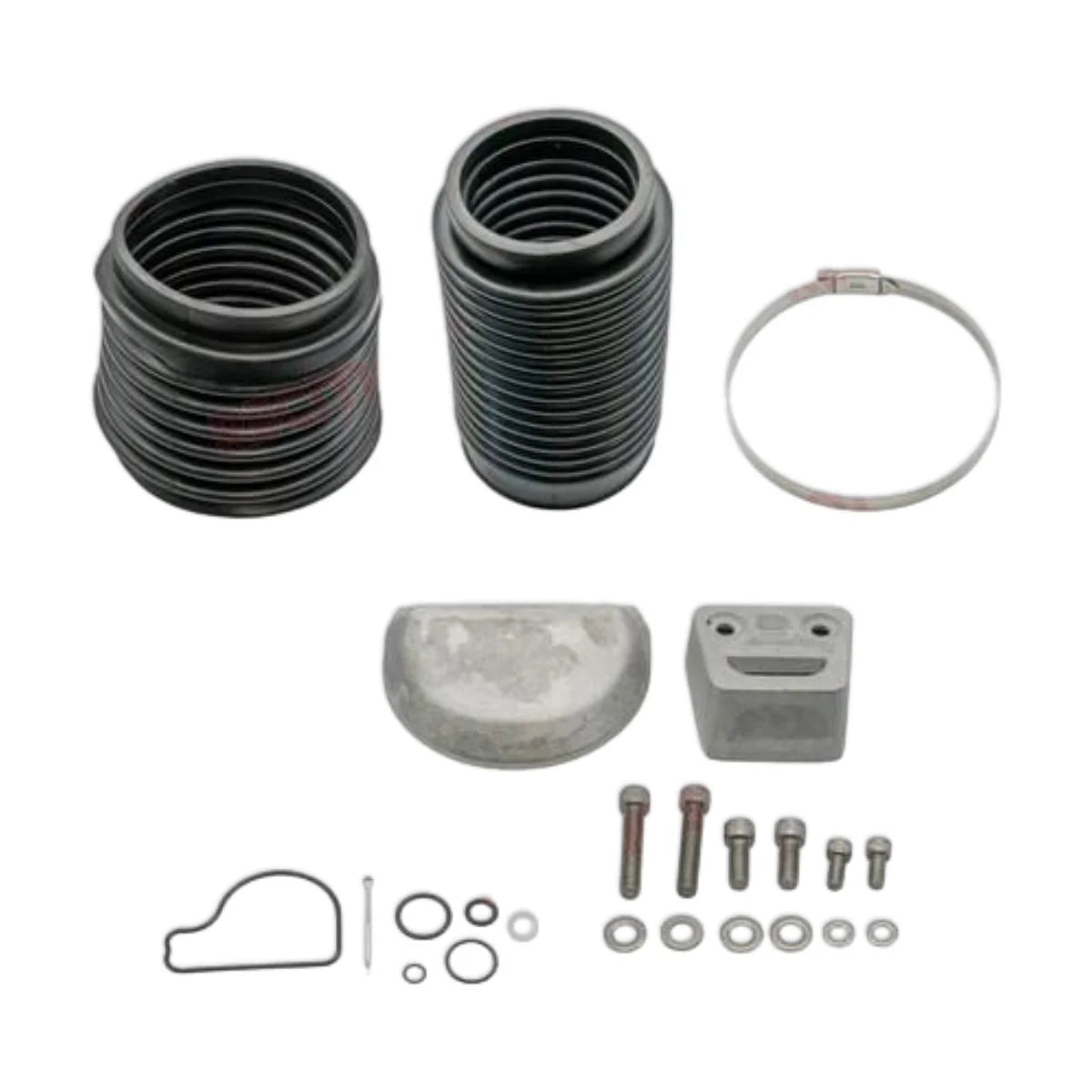 Image of various engine service and maintenance parts on a white background.