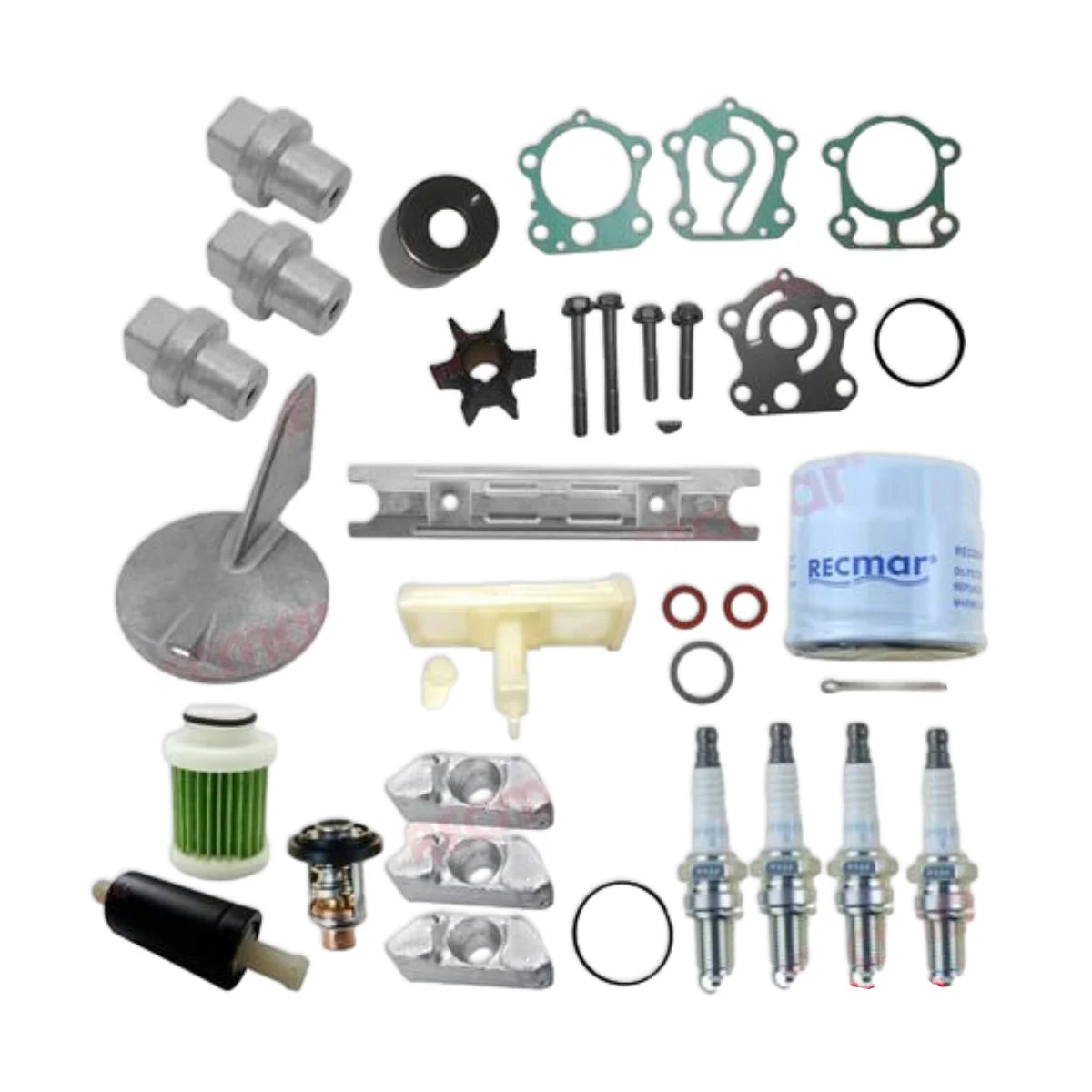Image of various engine service and maintenance parts on a white background.