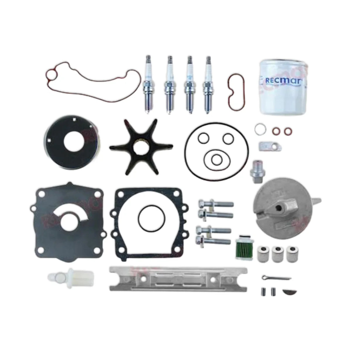 Image of various engine service and maintenance parts on a white background.