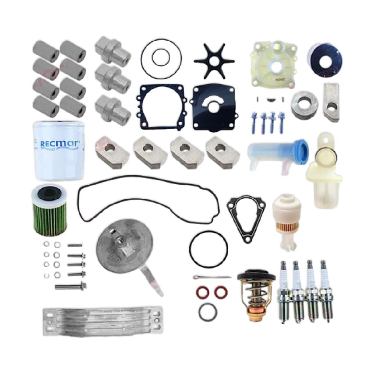 Image of various engine service and maintenance parts on a white background.