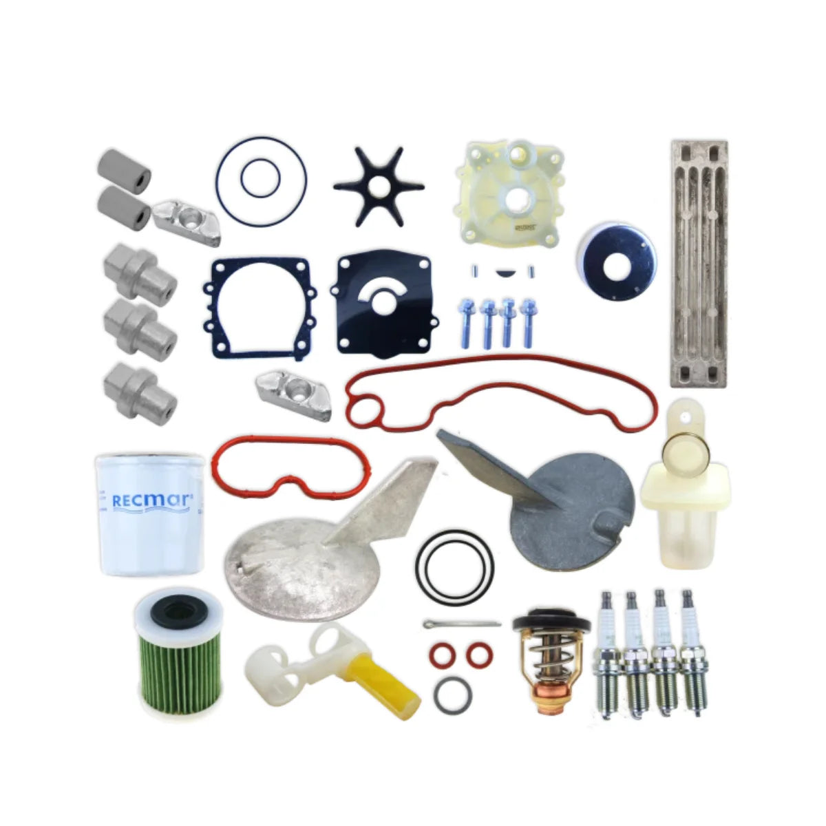 Image of various engine service and maintenance parts on a white background.