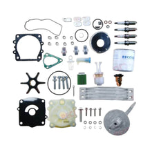 Image of various engine service and maintenance parts on a white background.