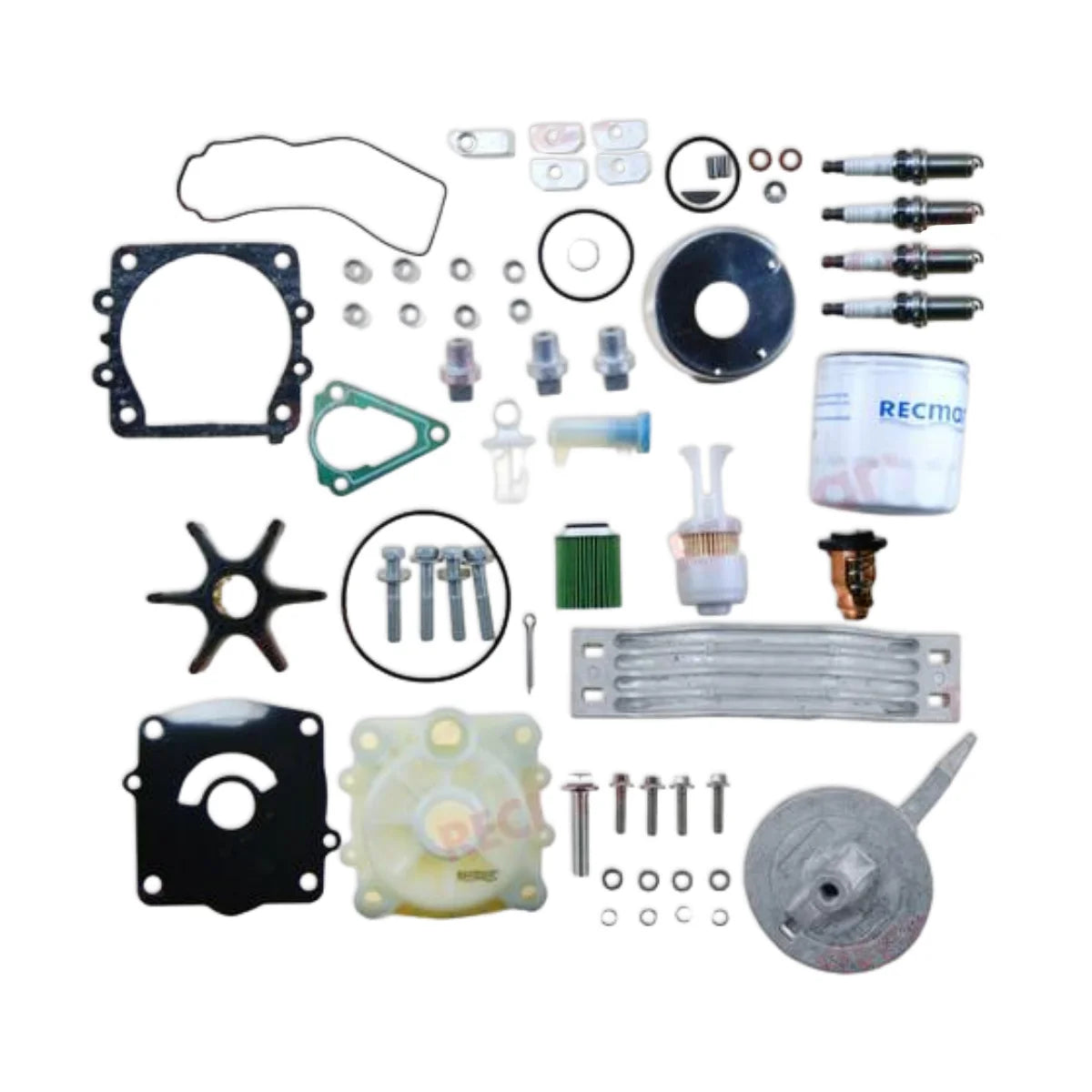 Image of various engine service and maintenance parts on a white background.