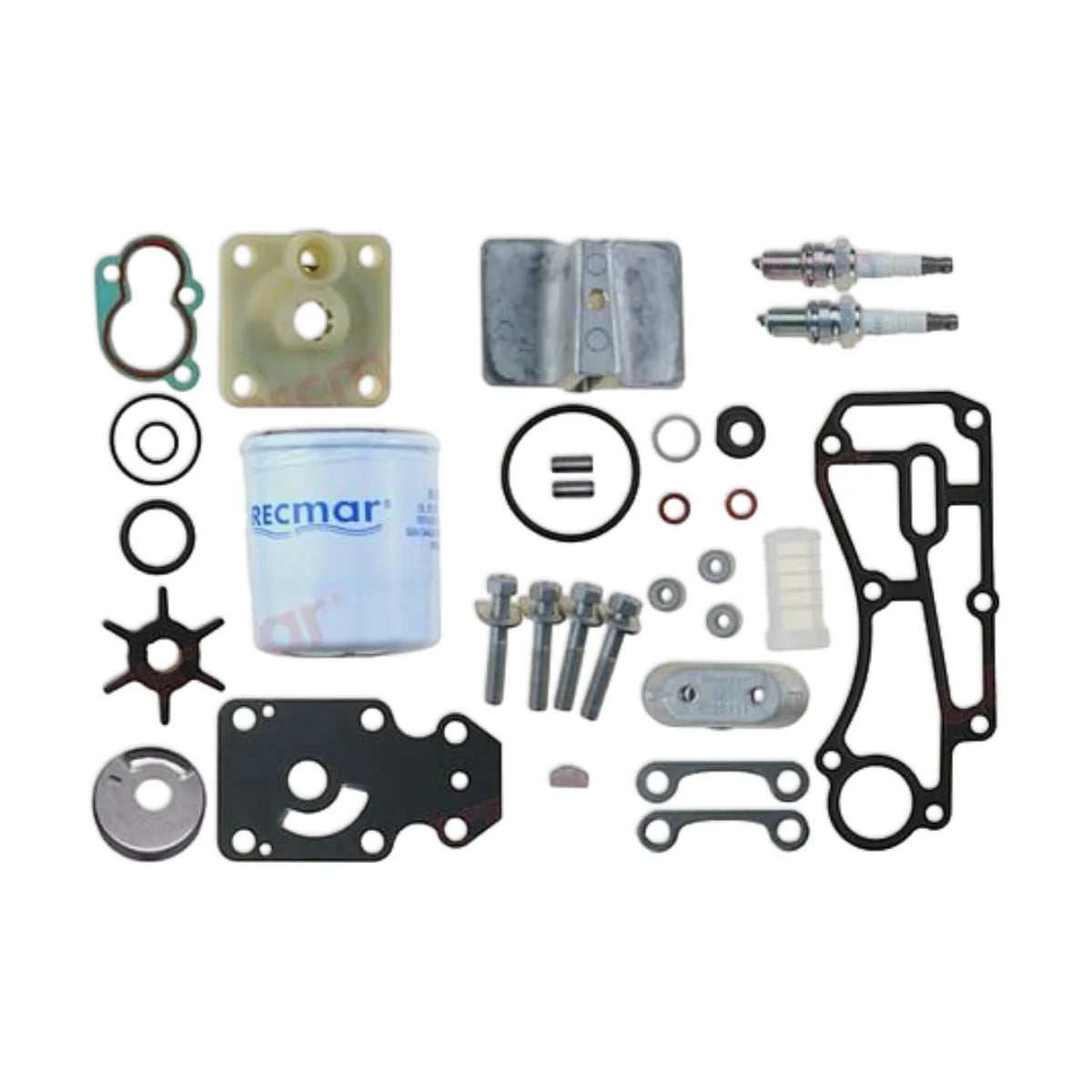 Image of various engine service and maintenance parts on a white background.