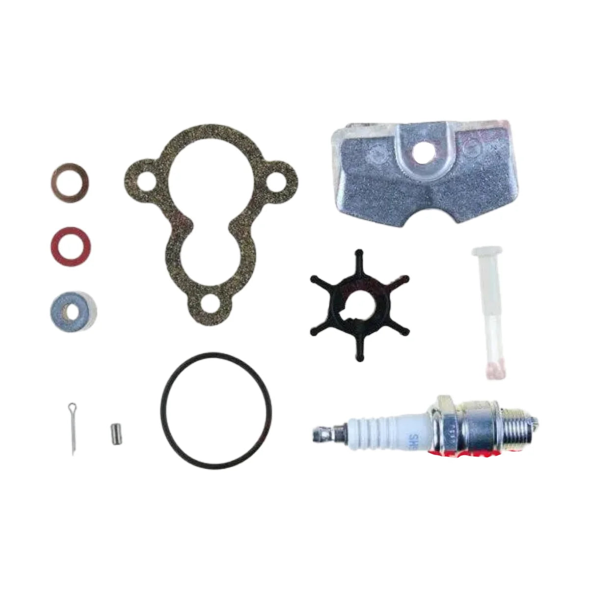 Image of various engine service and maintenance parts on a white background.