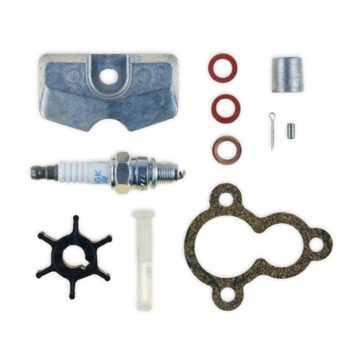 Image of various engine service and maintenance parts on a white background.