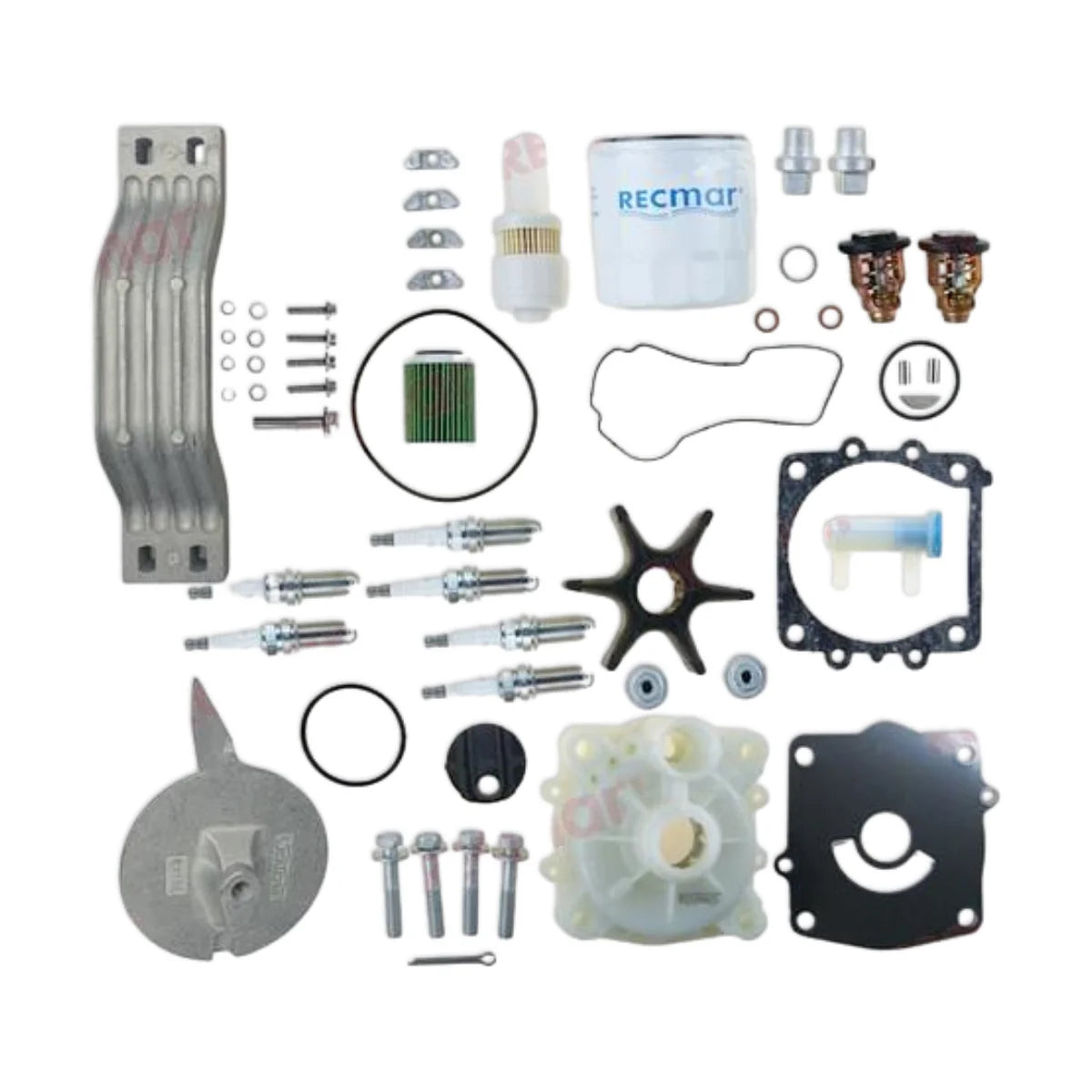 Image of various engine service and maintenance parts on a white background.