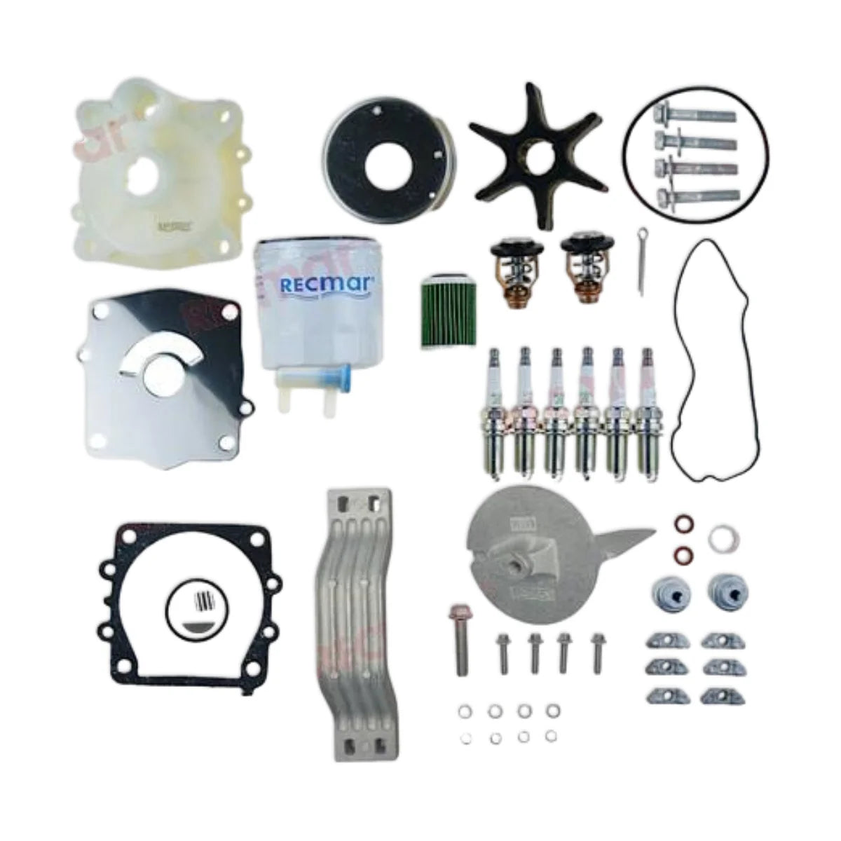 Image of various engine service and maintenance parts on a white background.