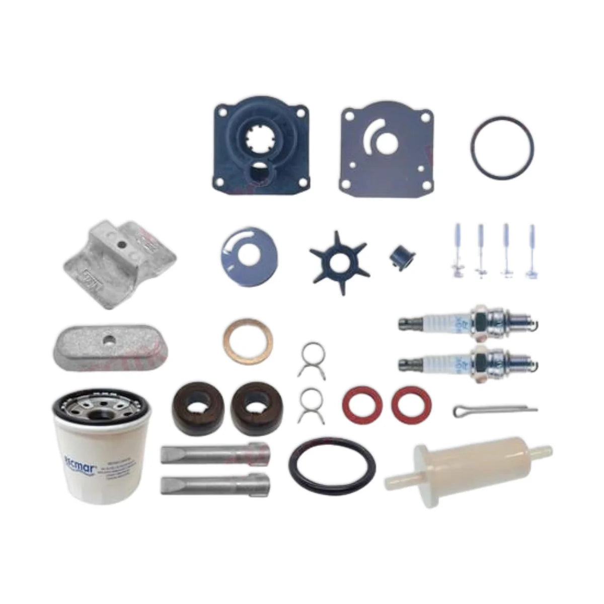 Image of various engine service and maintenance parts on a white background.