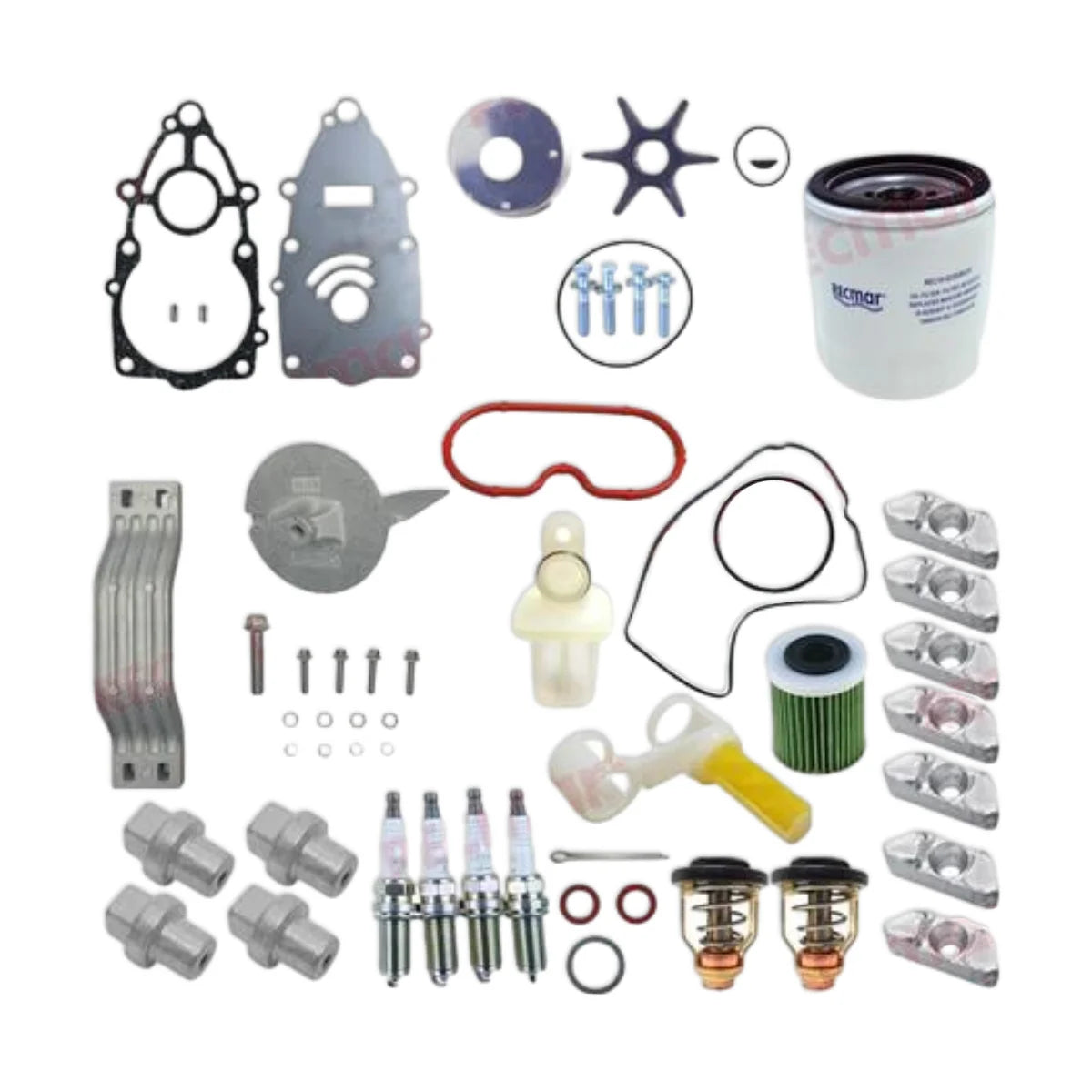 Image of various engine service and maintenance parts on a white background.