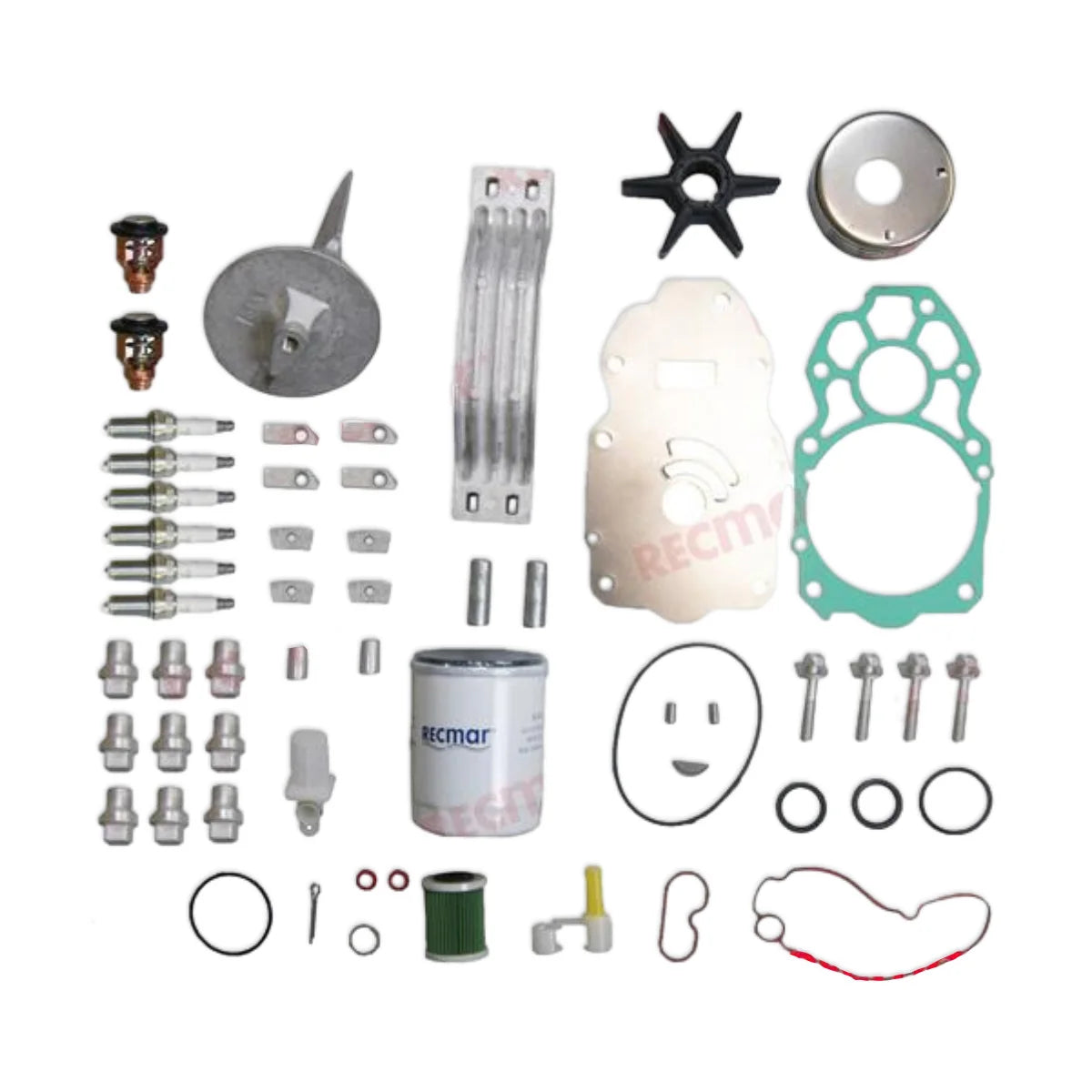 Image of various engine service and maintenance parts on a white background.