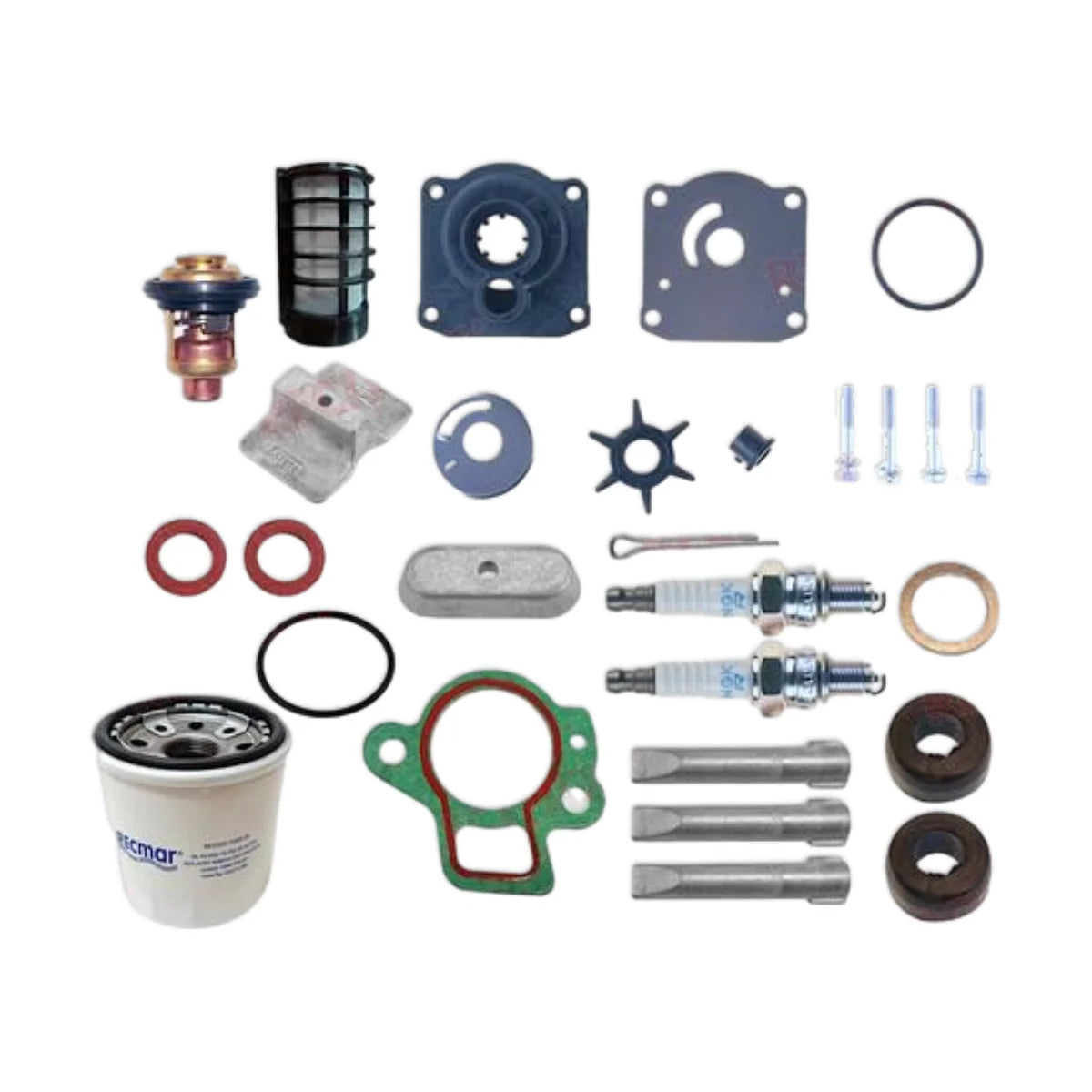 Image of various engine service and maintenance parts on a white background.