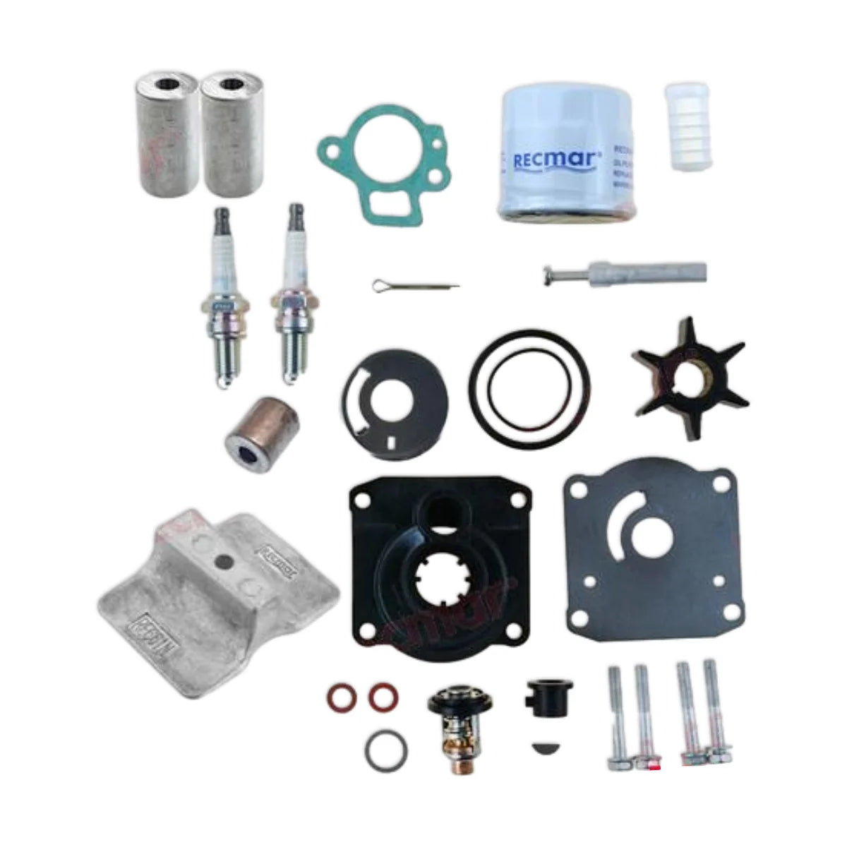 Image of various engine service and maintenance parts on a white background.