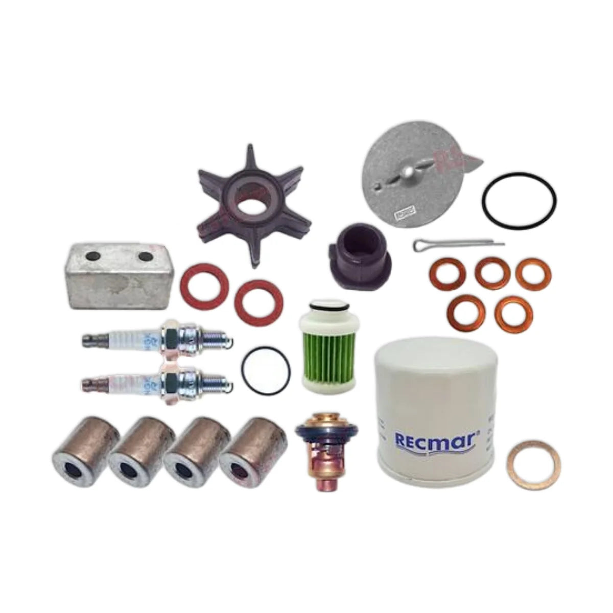 Image of various engine service and maintenance parts on a white background.