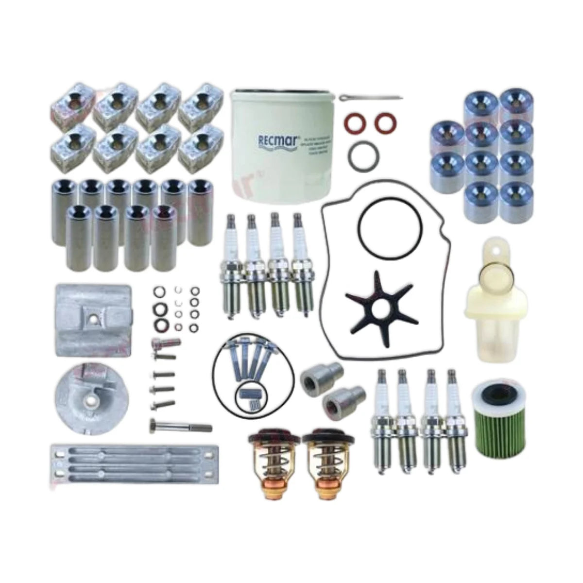 Image of various engine service and maintenance parts on a white background.