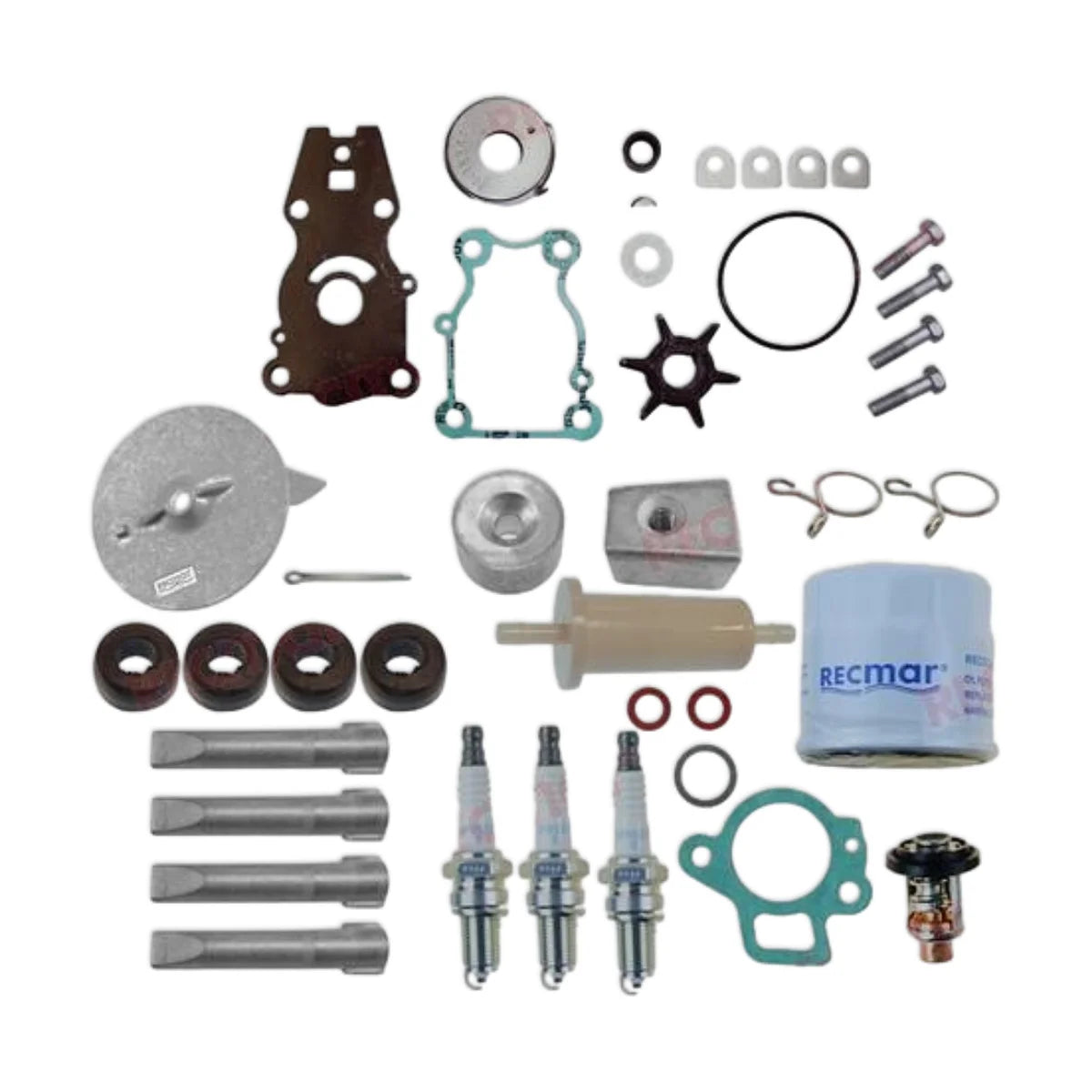 Image of various engine service and maintenance parts on a white background.