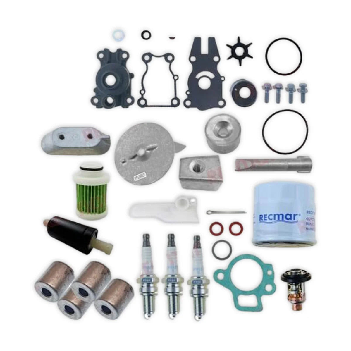 Image of various engine service and maintenance parts on a white background.