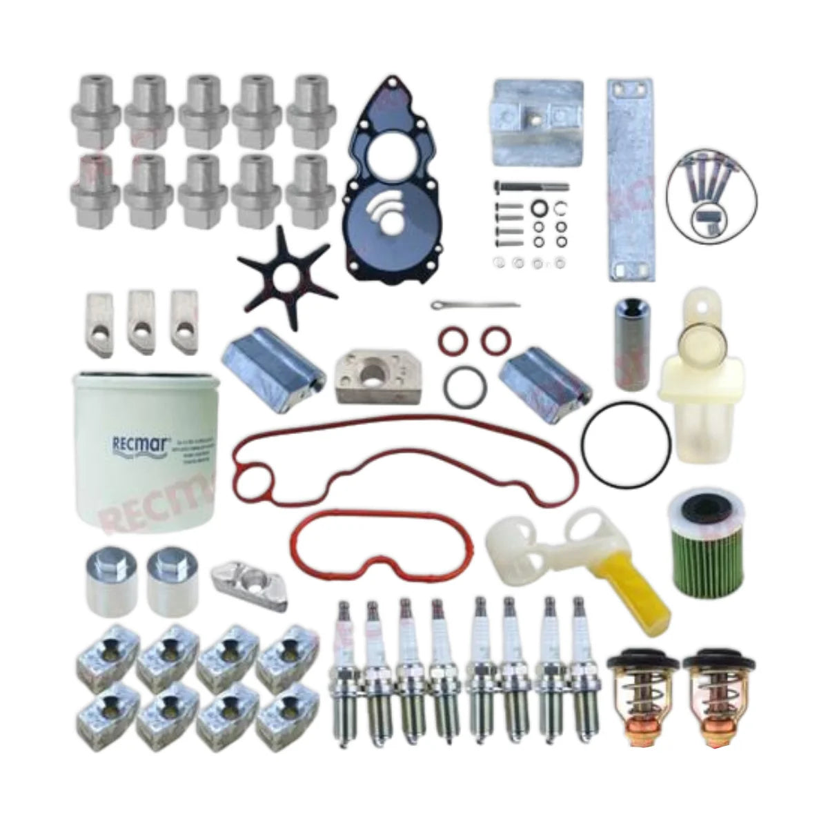 Image of various engine service and maintenance parts on a white background.
